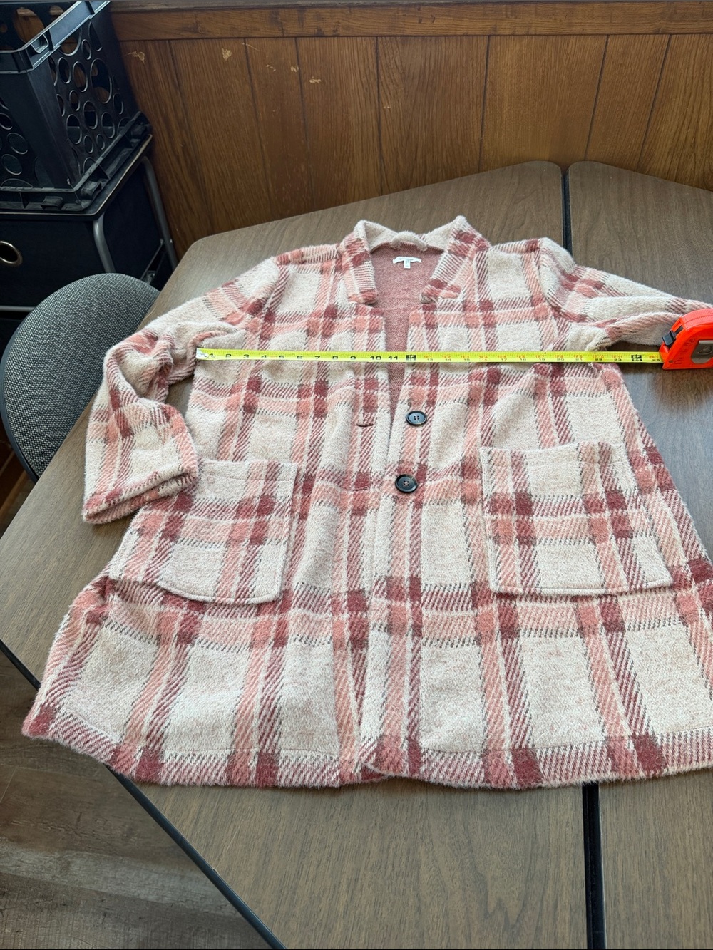 Plaid Open Front Cardigan Jacket in Cream and Dusty Rose